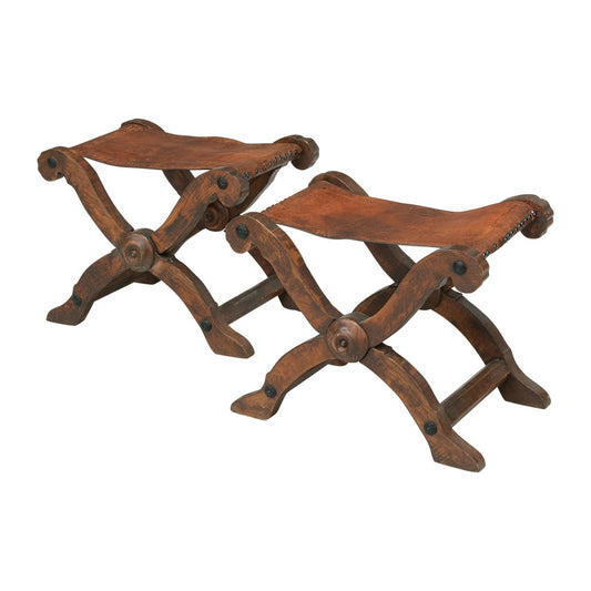 Pair of Spanish Leather Topped X Stools | Bazaa | Designer, Vintage and Antique Furniture