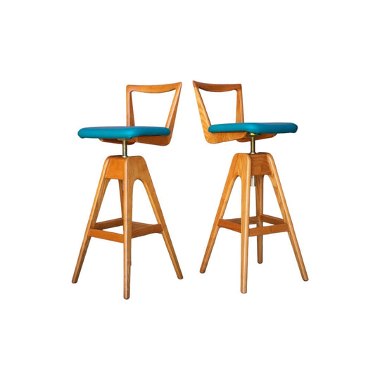 Pair of TH Brown Danish Bar Stools – Light Ash & Teal Leather