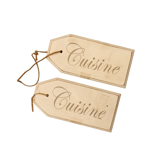 Pair of timber 'Cuisine' tags with leather ties from Provence