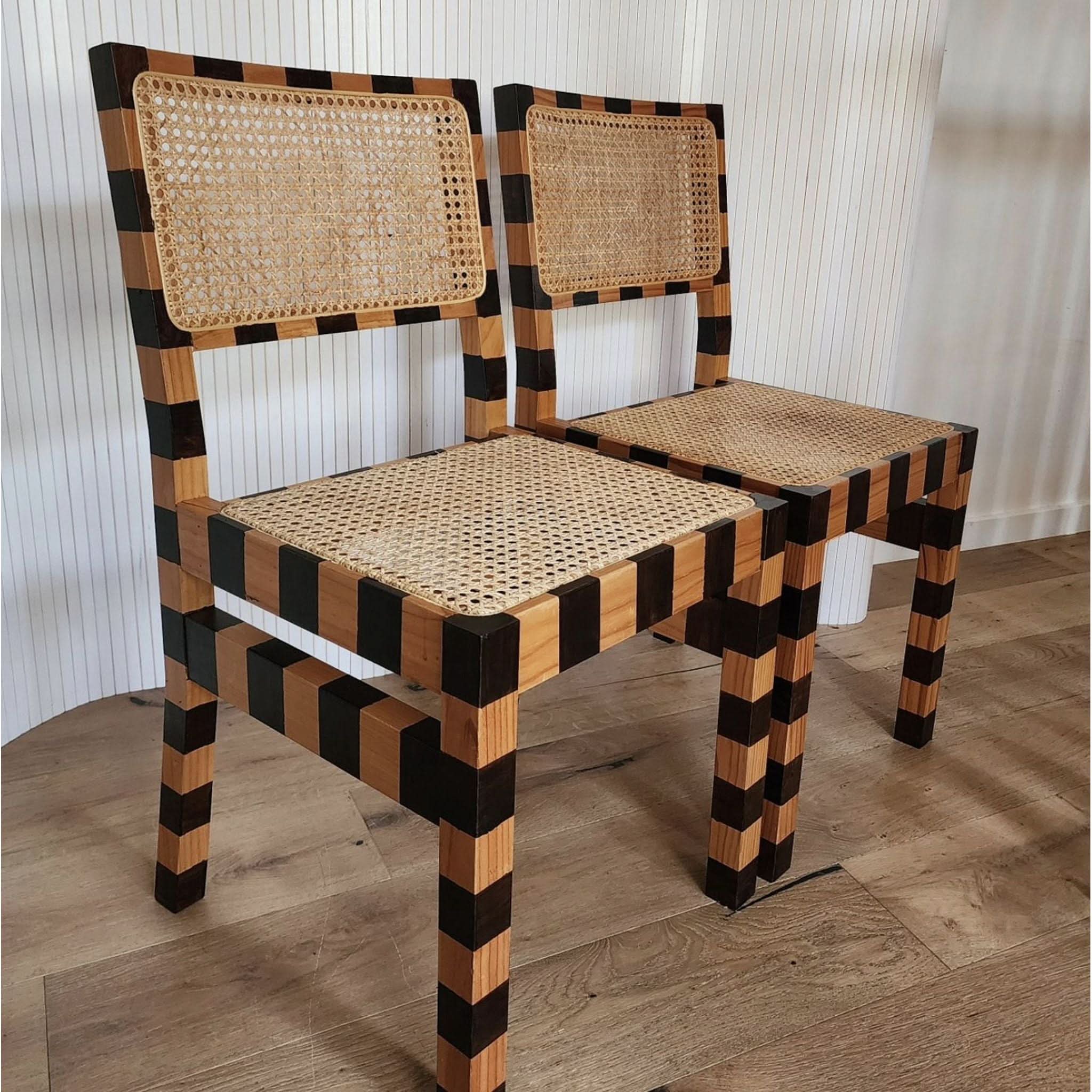 Shop Pair of Upcycled Stripe Dining Chair with Wicker Rattan | Bazaa