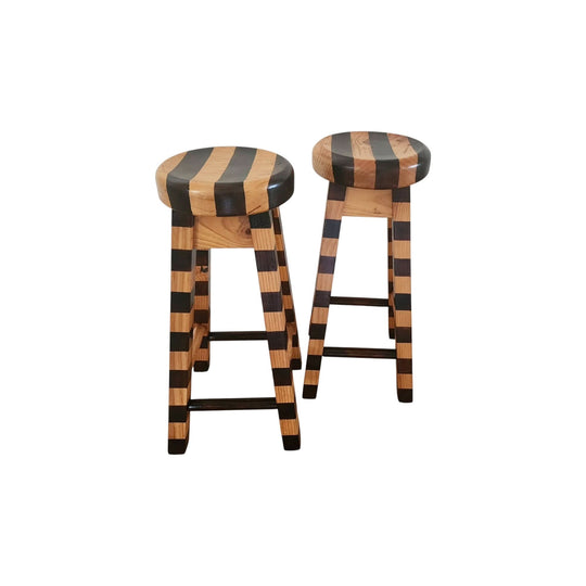 Pair of Upcycled Stripe Round Solid Wooden Stools