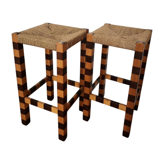 Pair of Upcycled Stripe Rush Thick Stools