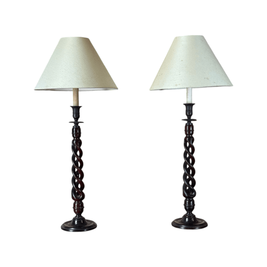 Pair Of Vintage Belgian Barley Twist Timber Table Lamps