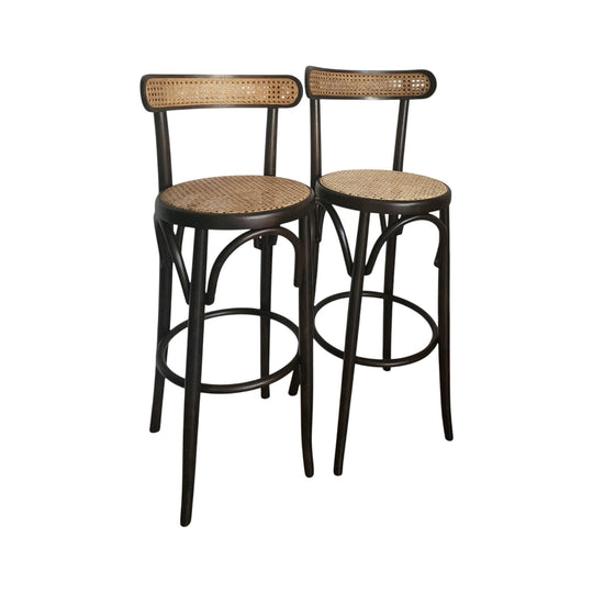 Pair of Vintage Bentwood Style Dark Wood & Wicker Stools