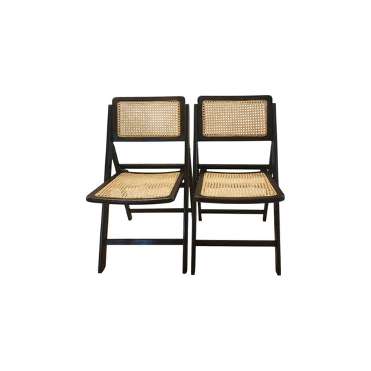 Pair of Vintage Black Brown Wicker Folding Dining Chairs