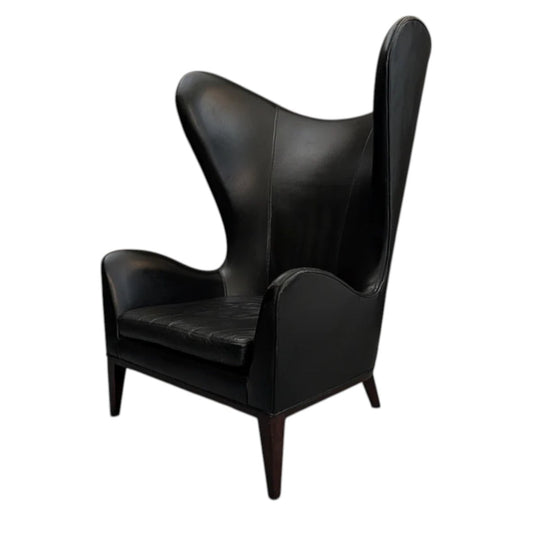Pair of Vintage Black Leather Wingback Chairs