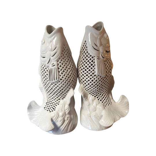 Pair of vintage blanc de chine reticulated fish vases