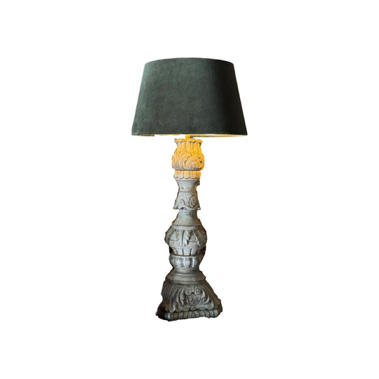 Pair of Vintage Carved Timber Lamps with Velvet Shades