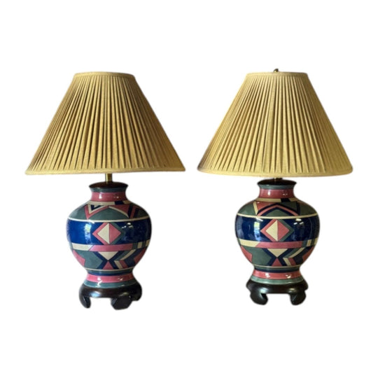 Pair of Vintage Ceramic Table Lamps with Pleated Linen Shades