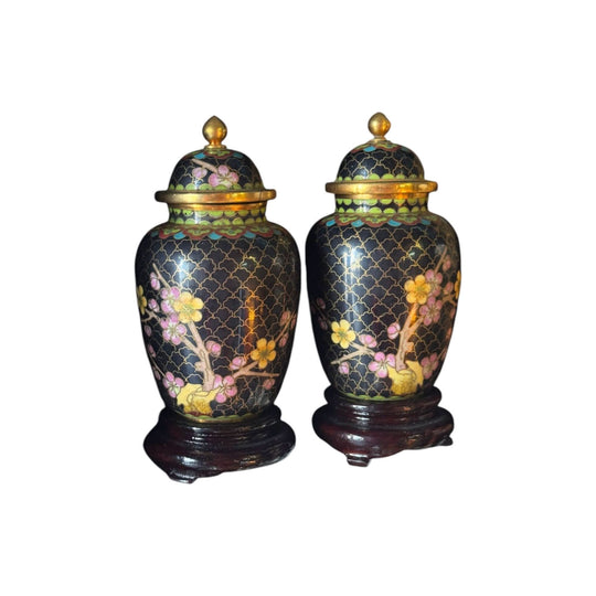 Pair of Vintage Chinese Cloisonné Lidded Vases on Fitted Timber Bases