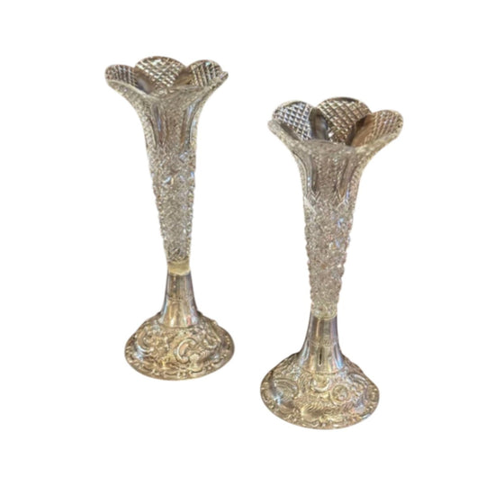 Pair Of Vintage Cut Glass And Silver Plated Bud Vases
