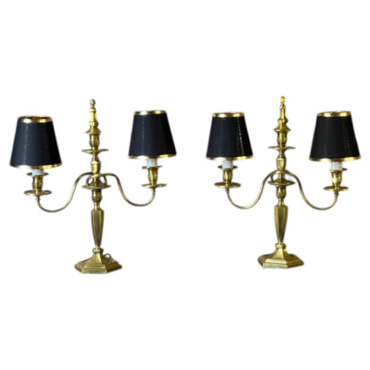 Pair Of Vintage French Empire Style Brass Candelabra Table Lamps