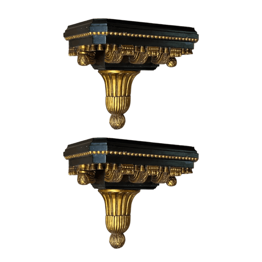 Pair of Vintage Large Neoclassical Black & Gilt Wall Brackets/Shelves