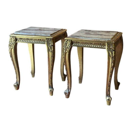 Pair of Vintage Louis XV Style Giltwood Marble Top Side Tables