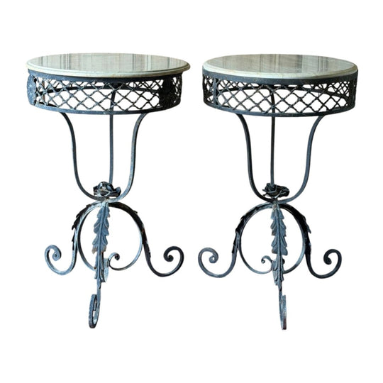 Pair of Vintage Marble & Wrought Metal Side Tables