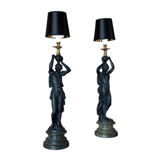 Pair of Vintage Neoclassical Male & Female Figural Cast Metal Table Lamps