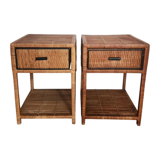 Pair of Vintage Rattan Bedside Tables with Black Trims