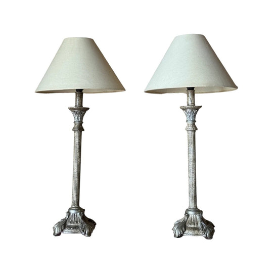 Pair of Vintage Table Lamps, Fluted Column Stems and Acanthus Bases, Aged Crackle Silver and Gilt, with Shades