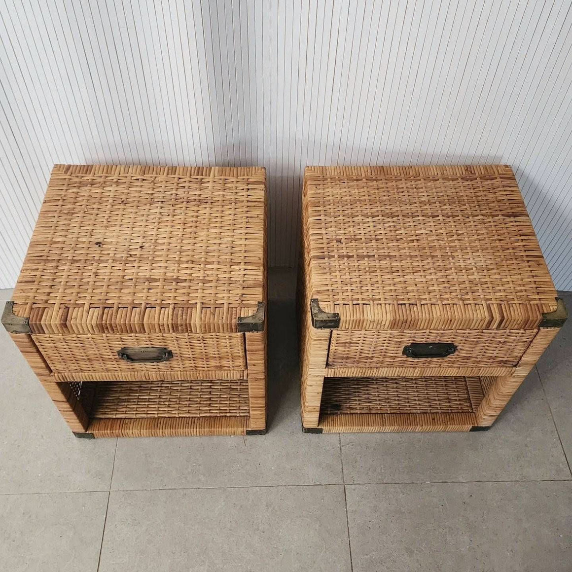 Shop Pair of Vintage Wicker Rattan Bedside Tables Bazaa