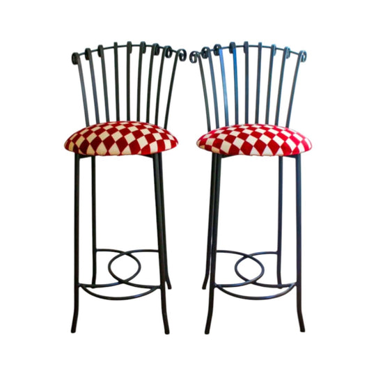 Pair of Wrought Iron Bar Kitchen Stools Newly Upholstered Gothic Inspired Vintage