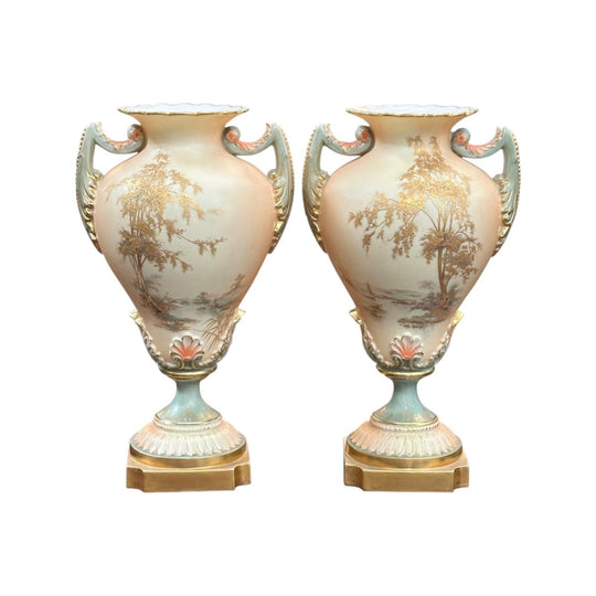 Pair Royal Worcester blush ivory gilt baluster vases c.1899