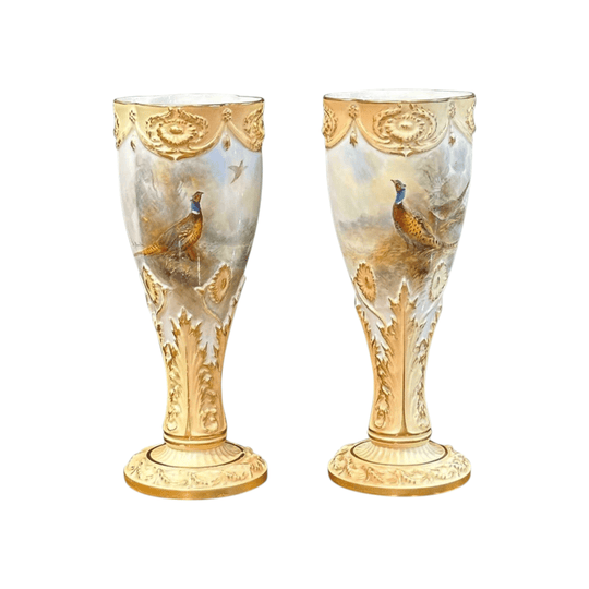 Pair Royal Worcester hand painted pheasant vases, signed Jason Stinton c.1912