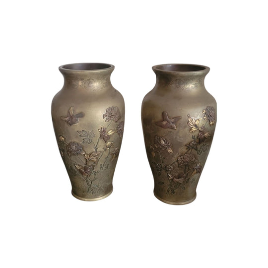 Pair tall Japanese bronze vases