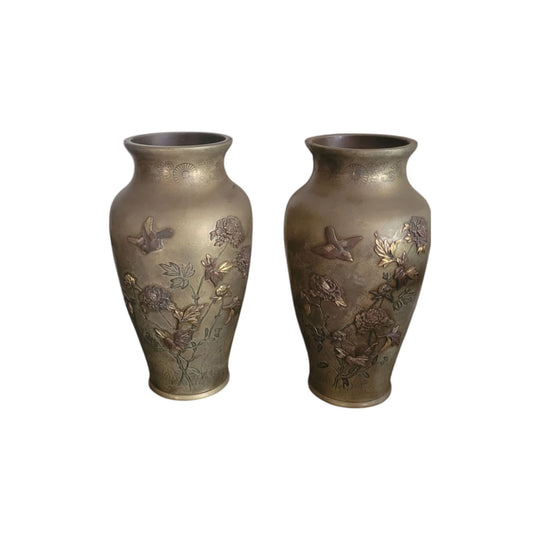 Pair tall Japanese bronze vases
