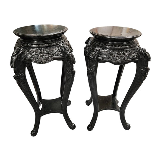 Pair Vintage Chinese Carved Ebonised Pedestals