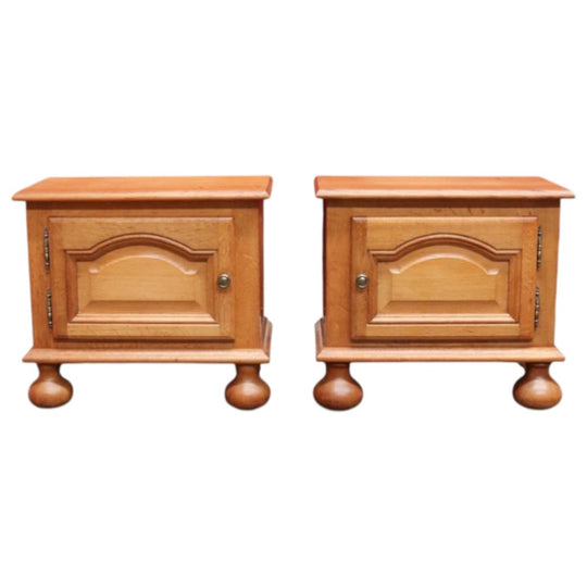 Pair Vintage French Bedside Cabinets Left and Right Opening on Bun Feet.