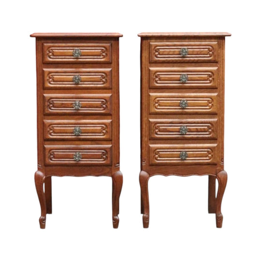 Pair Vintage French Oak Bedside Cabinets Five Drawer Cabriole Legs. B12810