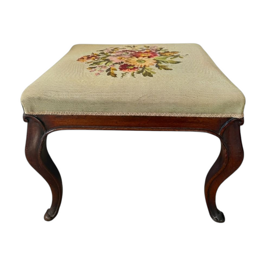 Vintage Queen Anne Style Footstool Floral Needlepoint Tapestry