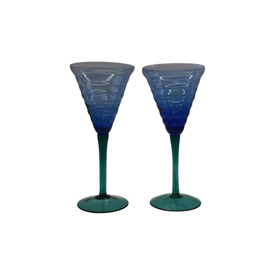 Pier 1 Imports Wine Glasses. Cobalt Blue with Green Teal Stems. Set of 2