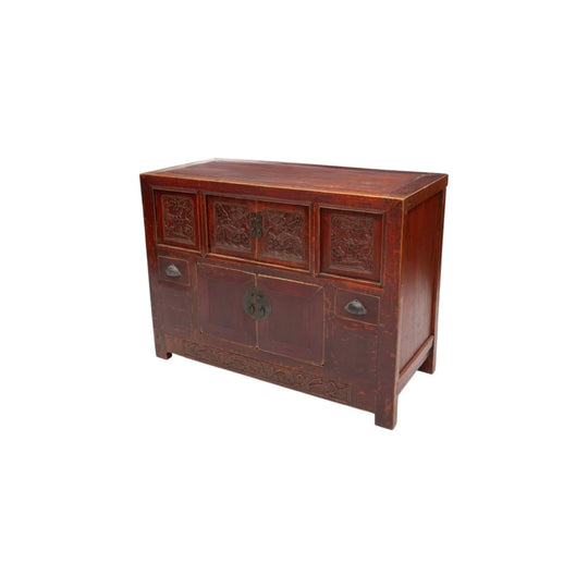 Plum red lacquered cabinet with prosperity motifs