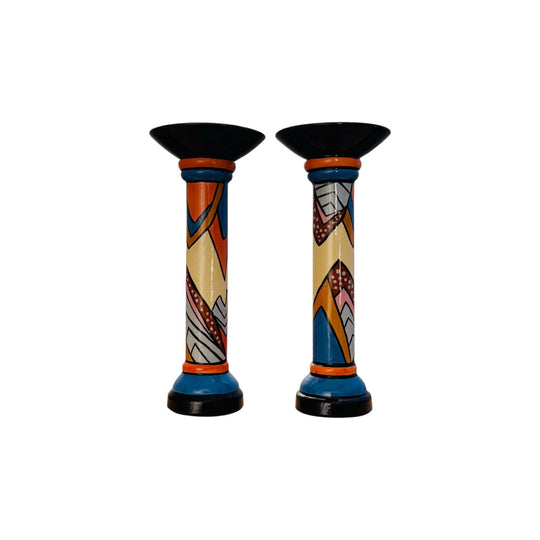 Post Modern Art Deco Revival Studio Ceramic Candlesticks by Kathrin McMiles (Australian 1939-2017)