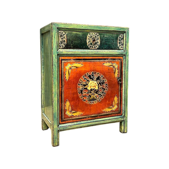 Provincial Style Chinese Green Lacquered Side Cabinet