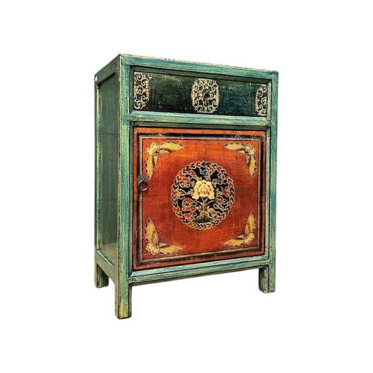 Provincial Style Chinese Green Lacquered Side Cabinet