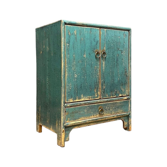 Provincial Style Chinese Teal Lacquered Side Cabinet