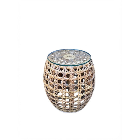 Rattan Side Table with Glass Top - Coastal Boho Bedside