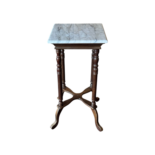 Vintage Turned Timber Plant Stand with Marble Top