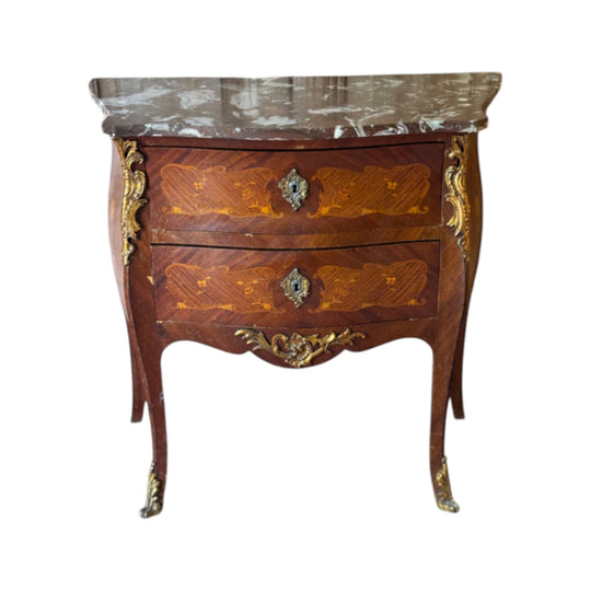 Vintage Louis Style Marble Top Commode with Marquetry Detail and Ormolu Mounts
