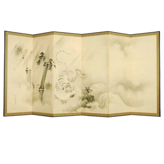 Antique Japanese Kano school screen featuring a tiger - JS14
