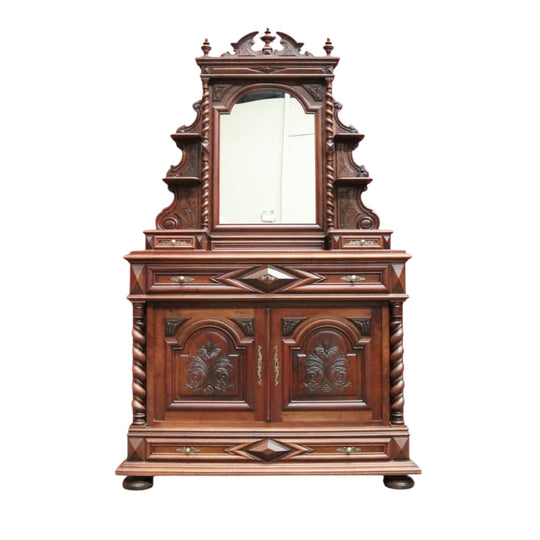 Antique French Walnut Mirror Back Dressing Table Cabinet Bedroom with Drawers B13019