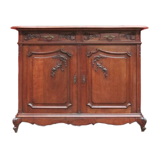 Antique French Walnut Sideboard with Cast Brass Handles and Carved Detail. B12731