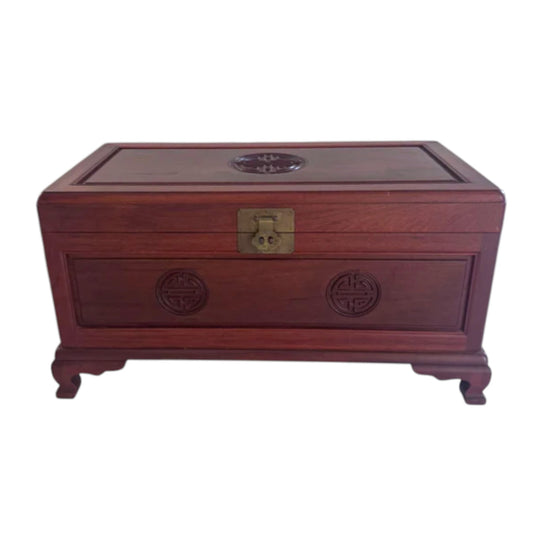 Chinese Rosewood Blanket Chest Vintage Hong Kong Storage Trunk Carved Longevity Motif Brass Lock