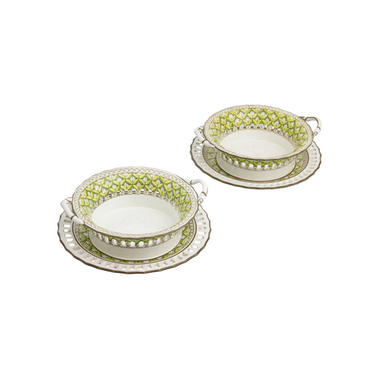 Pair of Porcelain Chestnut Baskets and Under-Plates by Spode in Pattern 3037