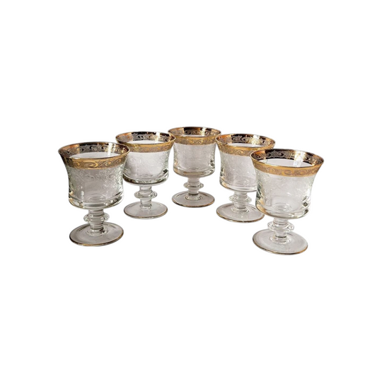 5 x Murano "Medici" etched wine /water glasses with gold rim c.1960