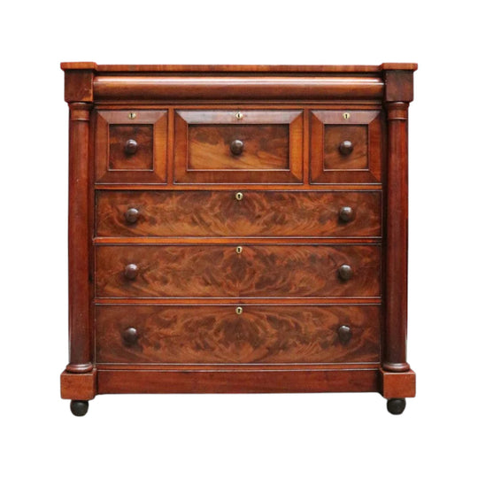 English mahogany chest of drawers with hidden compartments and original handles. B12669