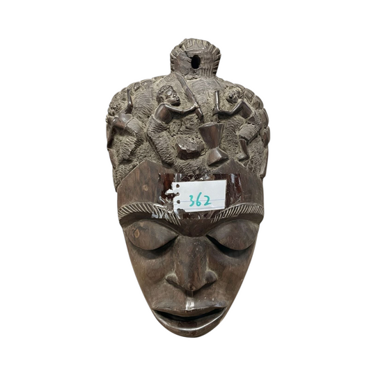 362: Vintage Hand Carved African Wood Mask – Village Scene Wall Art