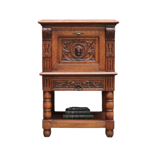 Antique French Oak Drinks Cabinet with Carved Figure and Turned Supports. B12851